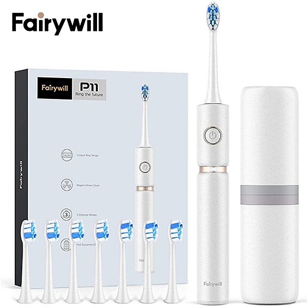 Bàn chải đánh răng điện Fairywill P11- phiên bản nâng cấp với trục truyền lực bằng thép, 8 đầu bàn chải đi kèm