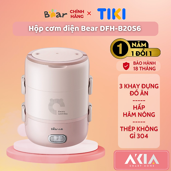 Hộp cơm điện văn phòng cầm tay Bear DFH-B20S6, 3 khay đựng thức ăn, hấp/ đun sôi/ hâm nóng - HÀNG CHÍNH HÃNG