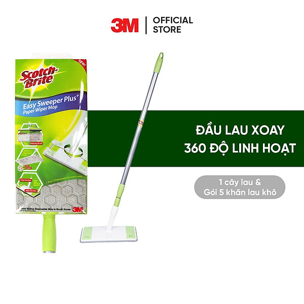 Cây lau nhà siêu tốc dùng khăn giấy thay thế Scotch-Brite 3M đa năng, xoay 360 độ, lấy sạch bụi và tóc mọi ngóc ngách