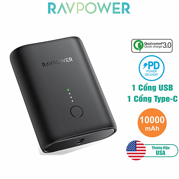 Pin Sạc Dự Phòng RAVPower 10000mAh Tích Hợp USB Type-C In/Out Hỗ Trợ Sạc Nhanh PD Power Delivery 18W và Quick Charge QC 3.0 RP-PB194 – Hàng Chính Hãng