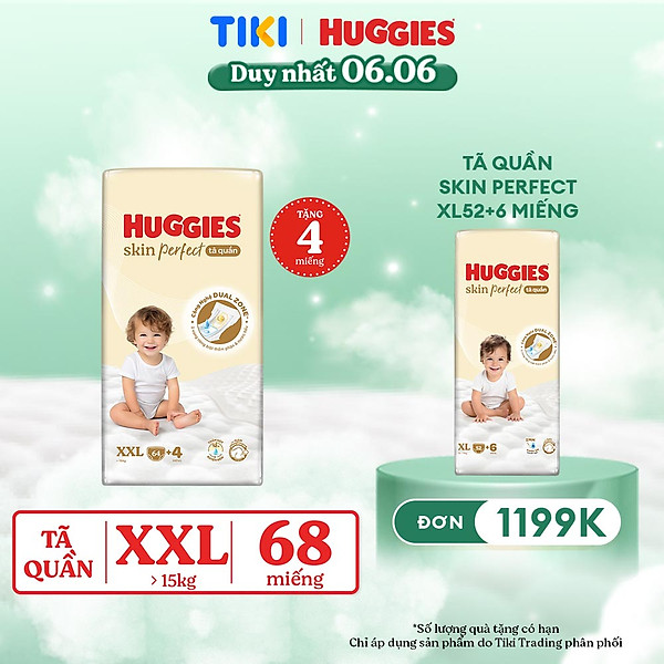 Tã quần Huggies Skin Perfect Mega Jumbo XXL64+4 miếng với 2 vùng thấm giảm kích ứng da