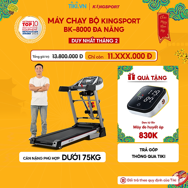 CHỈ GIAO MIỀN NAM| Máy chạy bộ KINGSPORT BK-8000 đa năng, thảm chạy rộng chống trơn, kèm đai massage và thanh gập bụng, cân nặng phù hợp từ dưới 75kg