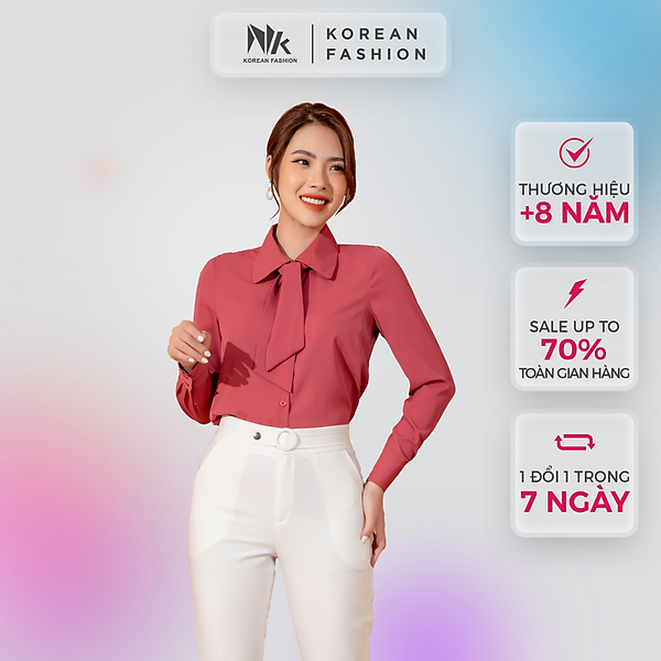 Áo Sơ Mi Nữ Công Sở Dài Tay NK Fashion Thiết Kế Dáng Suông Nơ Cổ Nữ Tính, Chất Liệu Nhập Hàn Cao Cấp Mềm Mịn NKSM2107017