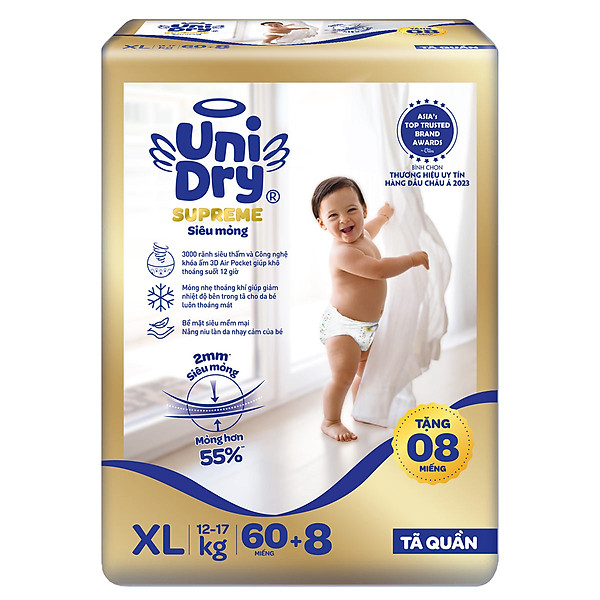 Tã quần Unidry G3X Supreme siêu mỏng size XL - 60+8 miếng