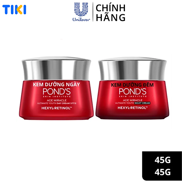 Bộ Đôi Kem Dưỡng Chống Lão Hóa Da Ngày Và Đêm Pond's Age Miracle giúp mờ đốm nâu, nếp nhăn với 50X Hexyl-Retinol 45g x 2