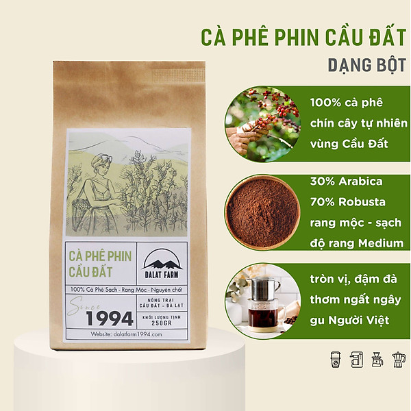 Cà Phê Phin Cầu Đất (Arabica & Robusta) Rang Xay Mộc Sạch Nguyên Chất Chuẩn Gu Người Việt - Túi 250Gr (Dạng Bột)