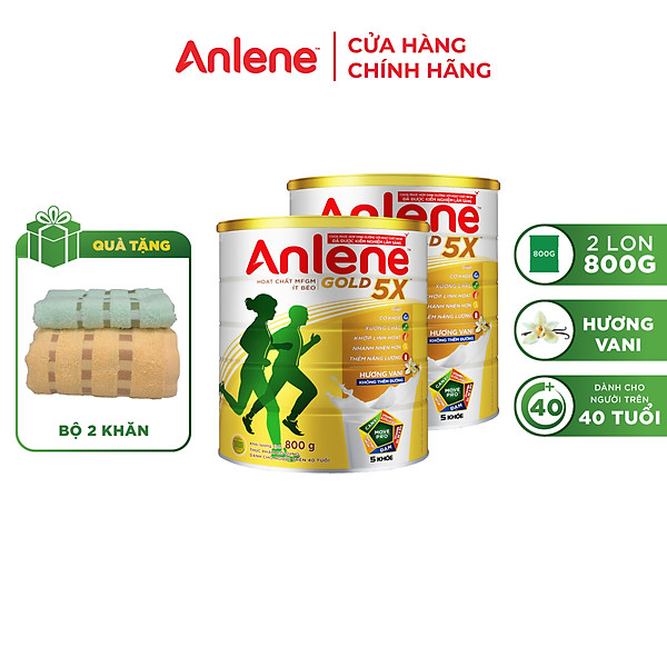 Combo 02 Sữa Bột Anlene Gold 5X Hương Vanilla (Hộp thiếc 800g) - Tặng bộ 2 khăn Anlene (Màu ngẫu nhiên)