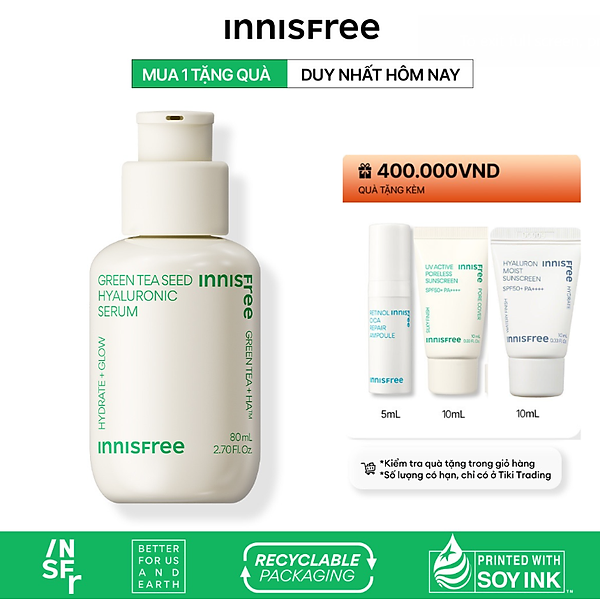 Tinh chất innisfree Green Tea Seed Hyaluronic Serum 2023 Nano 5 loại HA cấp nước tức thì cho da 80mL