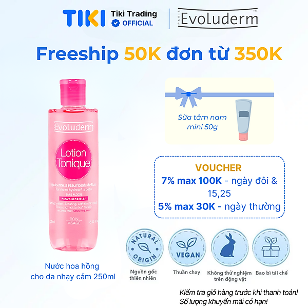 Nước hoa hồng Evoluderm se khít lỗ chân lông, dưỡng ẩm & làm sạch 250ml