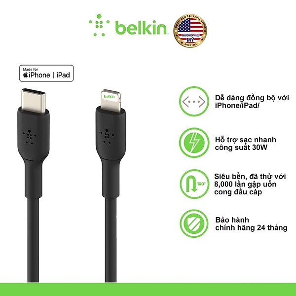 Cáp Sạc Nhanh Belkin USB Type C to Light ning BOOST↑CHARGE 30W Vỏ Nhựa, Chứng Chỉ MFi, Siêu Bền