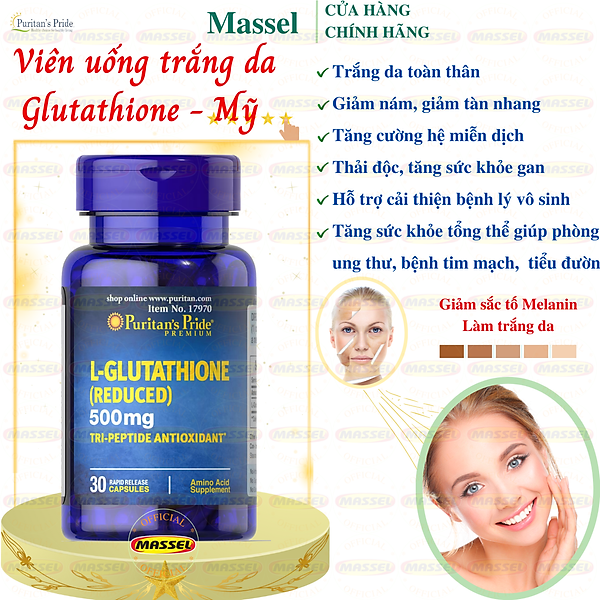 Viên uống trắng da Glutathione Puritan’s Pride Premium L-Glutathione 500mg - Mỹ, Hỗ trợ trắng da, Giảm nám, tàn nhang, Thải độc và Tăng hệ miễn dịch