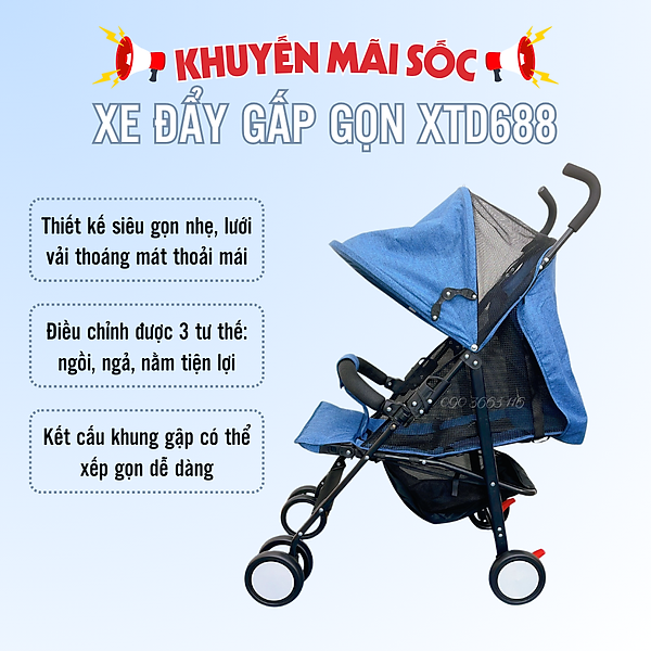 Xe đẩy cho bé cao cấp XD688 - Xe đẩy kéo du lịch gấp gọn siêu nhẹ, siêu thoáng, siêu bền lưới chống tia UV