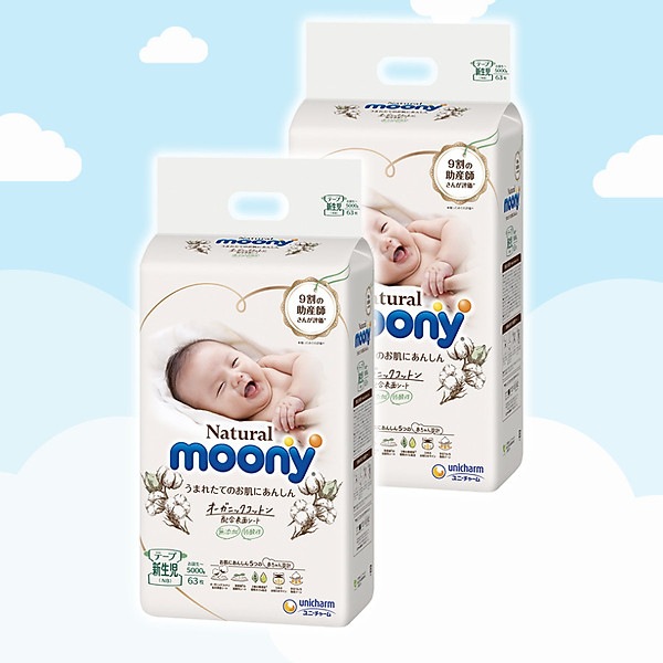 Combo 2 Bỉm – Tã Dán Moony Natural Size Newborn 63 Miếng (Cho Bé ~ 5Kg)