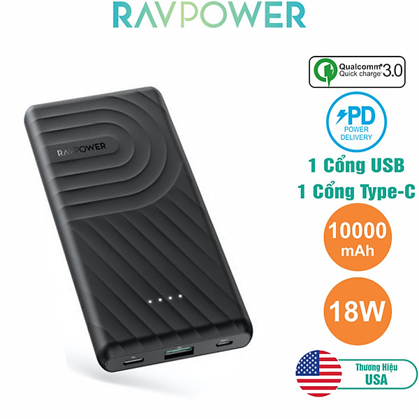 Pin Sạc Dự Phòng RAVPower 10000mAh In/Out Type-C PD 18W, Quick Charge 3.0 – RP-PB195 – Hàng Chính Hãng