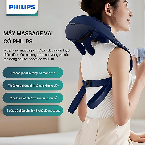 Máy Massage Cổ Vai Gáy PHILIPS PPM3522 - Mô Phỏng Massage Như Các Đầu Ngón Tay, 6 điểm tiếp xúc ôm sát vùng vai cổ - Hàng chính hãng