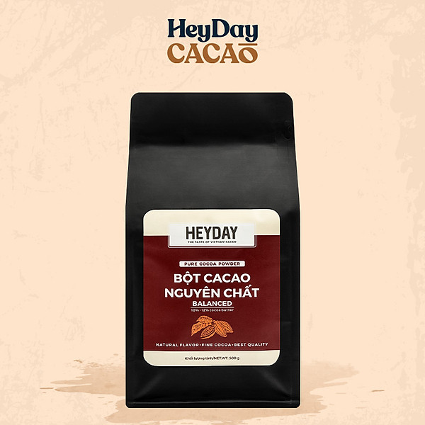 Bột cacao nguyên chất 100% Việt Nam - Dòng Balanced phổ thông túi 500g - Chuyên dùng làm bánh, pha chế cho quán cà phê - Heyday Cacao