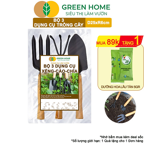 Dụng Cụ Làm Vườn Greenhome, D25cm, Cán Gỗ, Lưỡi Thép, Gồm Xẻng Xúc Đất, Cào, Chĩa, Trồng Cây, Làm Cỏ Dễ Dàng
