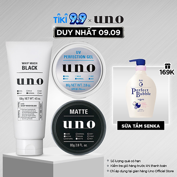 Bộ sản phẩm 03 bước toàn diện: làm sạch dưỡng da (Whip wash black 130g + UNO UV Perfection Gel 80g + UNO MATTE EFFECTOR 80g)