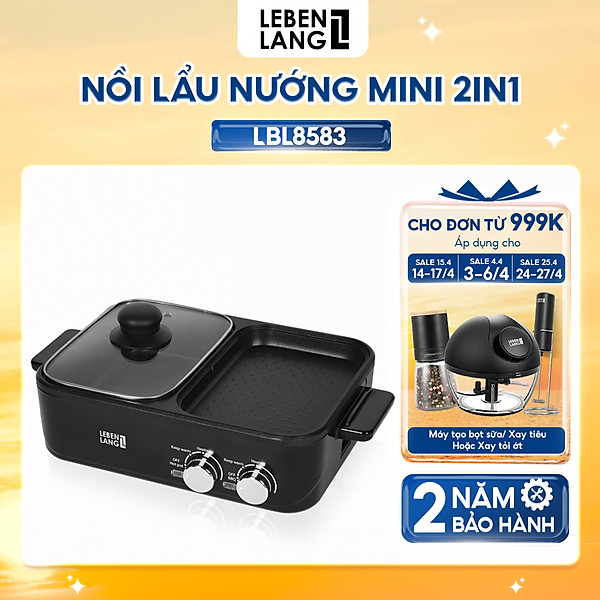 Nồi lẩu điện 2 ngăn mini Lebenlang LBL8583, bếp lẩu nướng 2in1 công suất 1300W, 1200ml nhanh gọn tiện lợi - hàng chính hãng