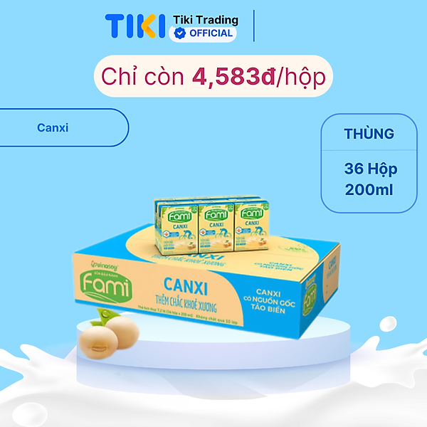 Thùng sữa đậu nành Fami Canxi Nguyên vị (200ml x 36 hộp)
