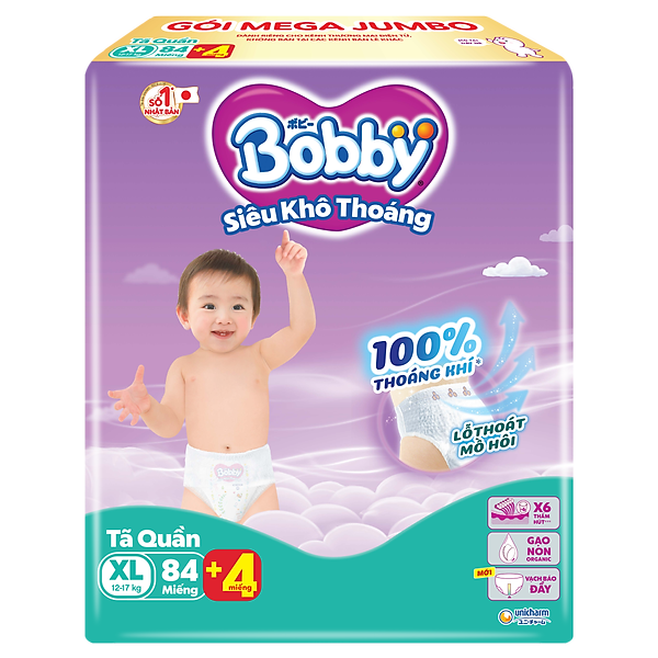 Tã quần Bobby Siêu Khô Thoáng - 100% Thoáng Khí Mega Jumbo - XL84