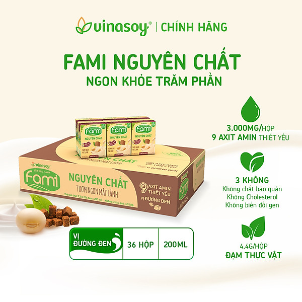 Thùng Sữa Đậu Nành Fami Nguyên Chất Vị Đường Đen (200ml x 36 Hộp)