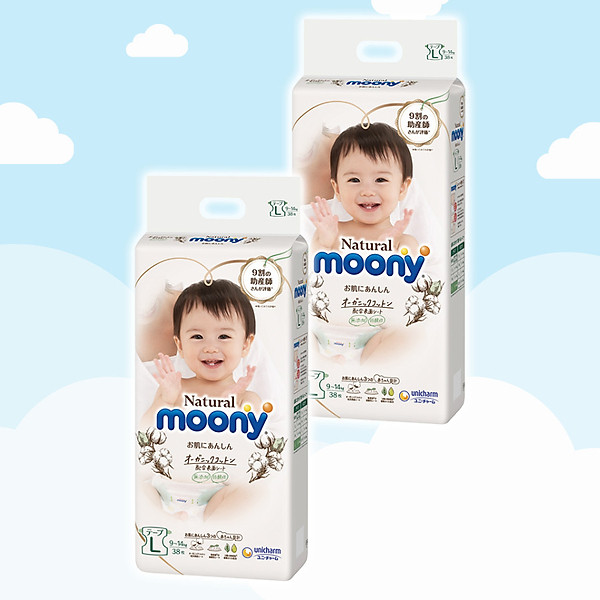 Combo 2 Bỉm – Tã Dán Moony Natural Size L 38 Miếng (Cho Bé 9 – 14Kg)