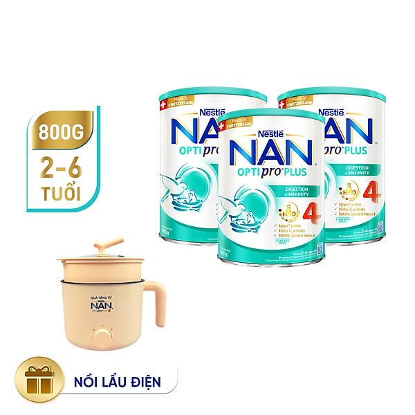 Bộ 3 lon Sữa bột NAN OPTIPRO PLUS 4 Nestle Bé 2-6 tuổi 800g/lon Giúp tiêu hóa tốt
