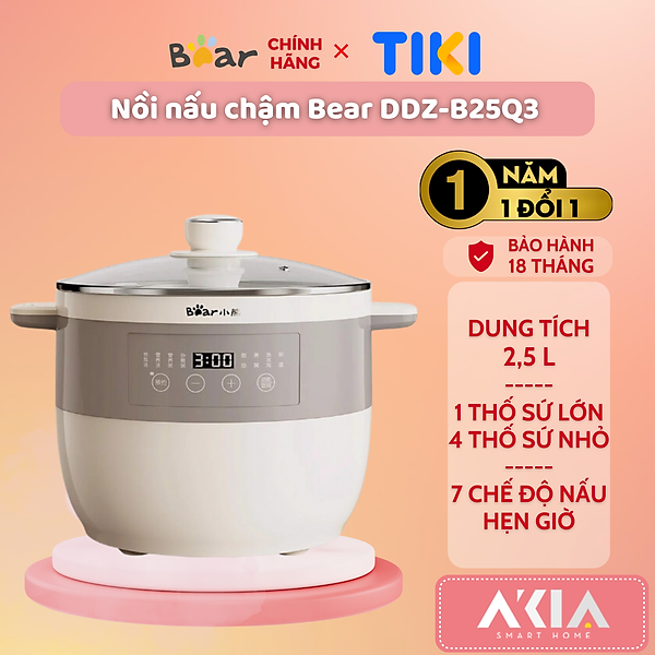 Nồi nấu chậm Bear DDZ-B25Q3 2.5L, kèm 1 thố sứ lớn, 4 thố sứ nhỏ, 7 chế độ nấu ăn, hẹn giờ, BH 18 tháng - HÀNG CHÍNH HÃNG