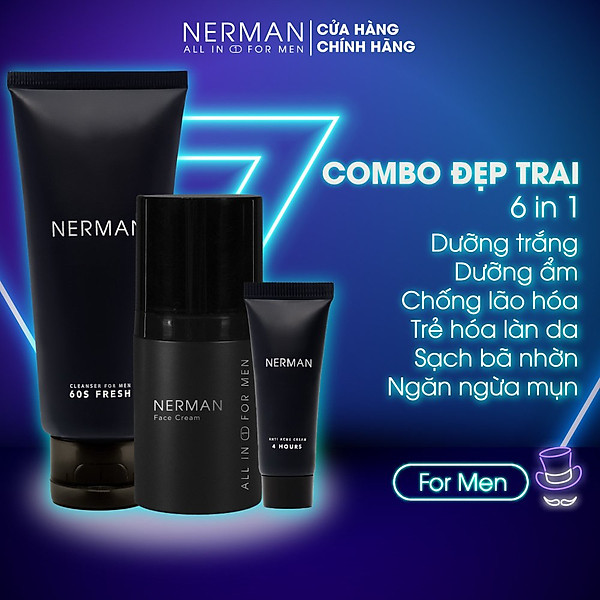 Combo đẹp trai Nerman gồm Gel rửa mặt Kem ngừa mụn và kem dưỡng trắng da