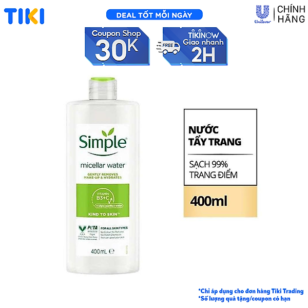 Nước tẩy trang Simple Micellar làm sạch trang điểm vượt trội - không chứa cồn gây khô rát 400ml [CHÍNH HÃNG ĐỘC QUYỀN]