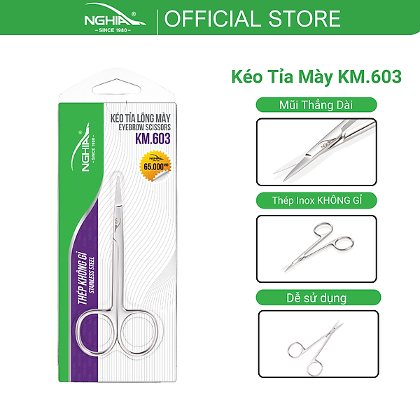 Kéo Cắt Chân Mày Thép Không Gỉ Inox Kềm Nghĩa KM - 603 Cao Cấp - Kéo Tỉa Lông Mày