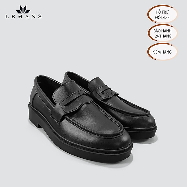 Giày da Penny Loafer Black LEMANS PL01D Da Simili, da bò nguyên tấm, tăng chiều cao 4cm, bảo hành 12-24 tháng