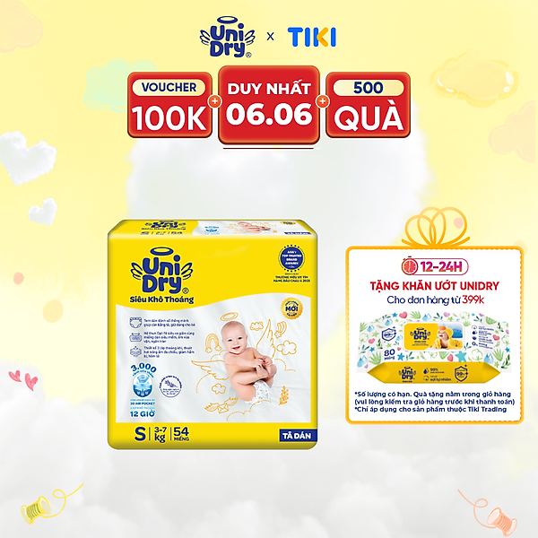 Tã dán em bé Siêu khô thoáng gói Jumbo Unidry G6X size S-54 miếng