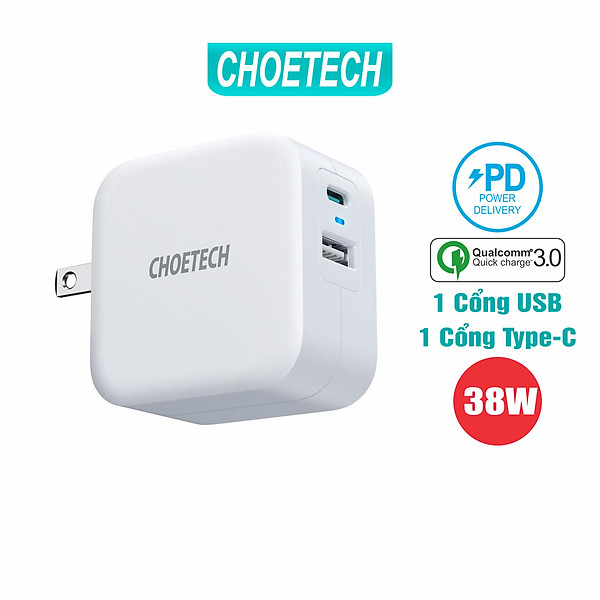 Adapter Củ Sạc 38W CHOETECH PD5002 USB-A Quick Charge 3.0, USB Type C PD 20W – Hàng Chính Hãng