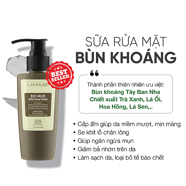 Sữa rửa mặt bùn khoáng loại bỏ tế bào da chết Lá House Bio Mud Mild Facial Wash 50ml/150ml