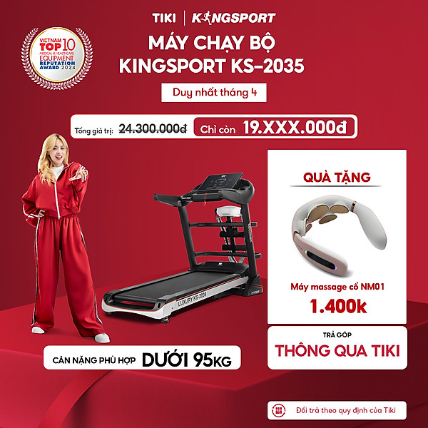 Máy chạy bộ KINGSPORT KS-2035 đa năng, thao tác phím cảm ứng, thiết kế sang trọng cứng cáp, kèm đai massage và thanh gập bụng, cân nặng phù hợp từ dưới 90-95kg