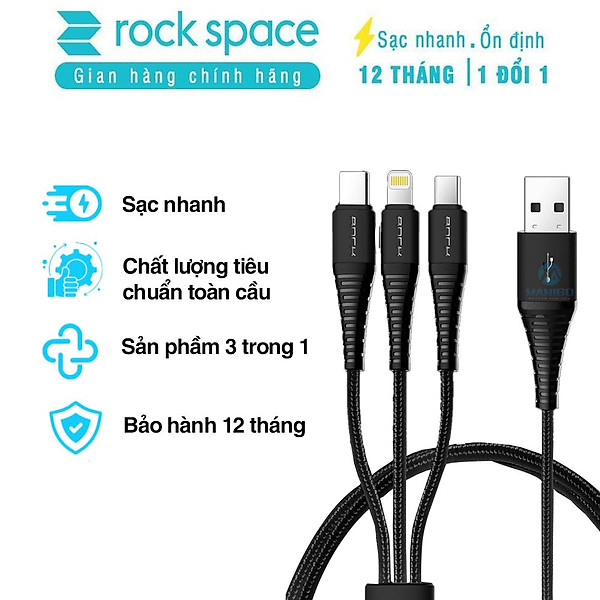 Dây cáp sạc nhanh 3 đầu ip typeC micro Rockspace Hi-Tensile dây dù sạc 3 thiết bị cùng lúc hàng chính hãng BH 12 tháng