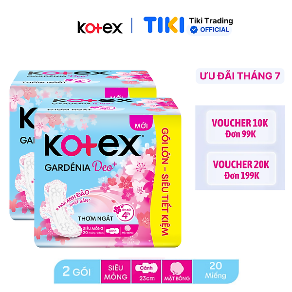 Combo 2 gói băng vệ sinh Gardenia Deo+ - Hoa Anh Đào siêu mỏng cánh 23cm (20 miếng/gói)
