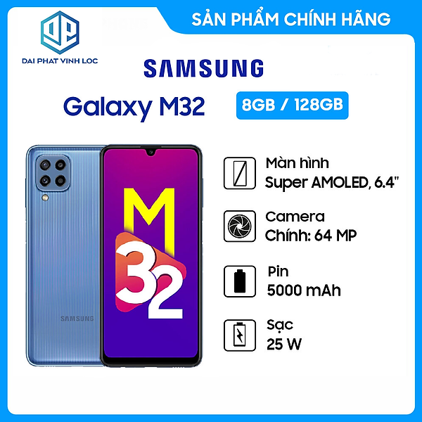Điện thoại Samsung Galaxy M32 (8GB/128GB) - Hàng Chính Hãng, Mới 100%, Nguyên Seal - Màn Hình 6.4 inches - 4 camera sau - Bảo Hành 12 Tháng