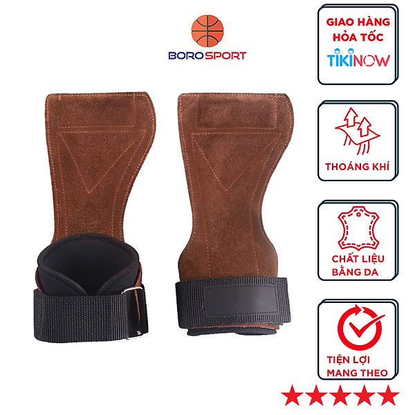Găng Tay Tập GYM Da Bò Hở Mu Bàn Tay Lifting Grips , Dây Kéo Lưng - Hàng chính hãng BORO SPORT
