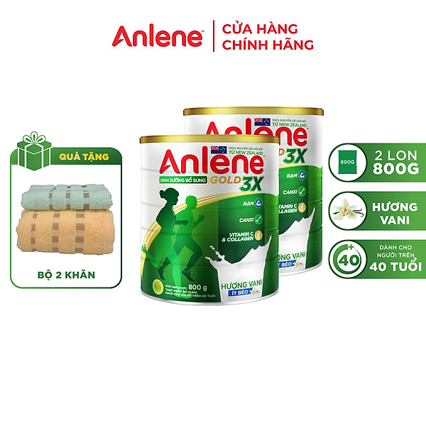 Combo 02 Sữa Bột Anlene Gold 3X Hương Vanilla (Hộp thiếc 800g) - Tặng bộ 2 khăn Anlene