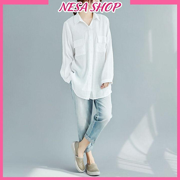 Áo sơ mi nữ dài tay, áo form rộng, chất liệu Đũi tơ mềm mịn, sơ mi nữ đẹp, NeSa Shop AKH.47