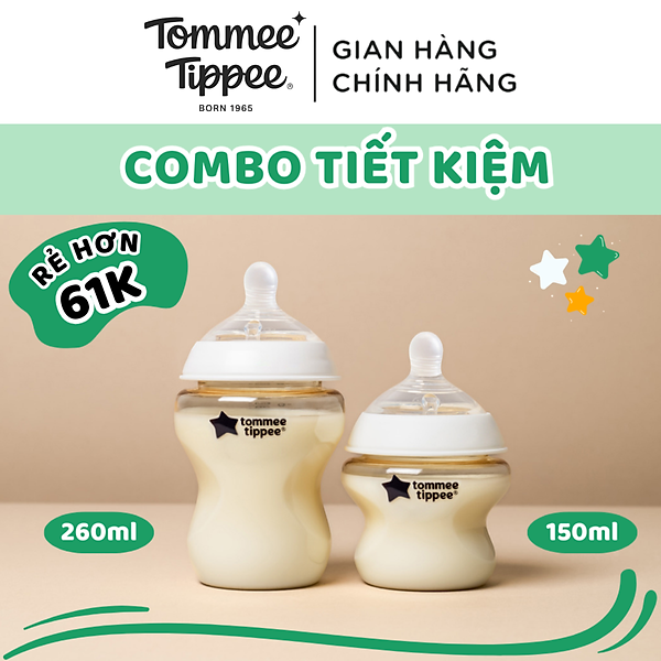 COMBO 2 Bình Sữa PPSU Ty Siêu Mềm Tự Nhiên Tommee Tippee Natural Start 150ml & 260ml