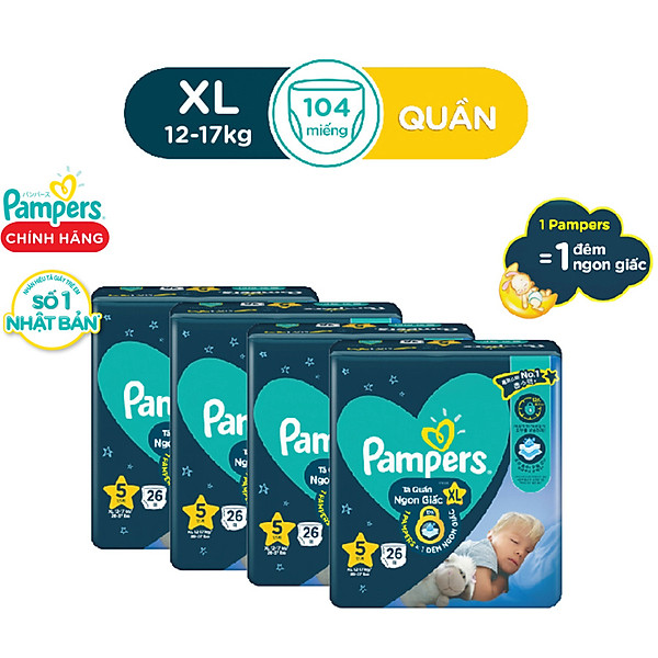 Combo 4 Tã/ Bỉm Quần Pampers Ngon Giấc, Size L(30 Miếng, 9-14Kg)/ Xl(26 Miếng, 12-17Kg)/ Xxl(22 Miếng, 15-25Kg)