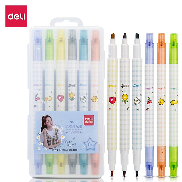 Bút nhớ dòng 2 đầu Deli - 6 màu - Nét trơn mượt, màu tươi sáng - 6 chiếc/1 Hộp - S606