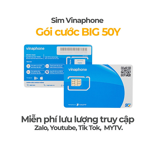 Sim 4G Vinaphone Big50Y Tặng 5GB/ ngày trọn gói 16 tháng, MIễn Phí Truy Cập Tiktok Youtube Không Giới Hạn - Hàng Chính Hãng