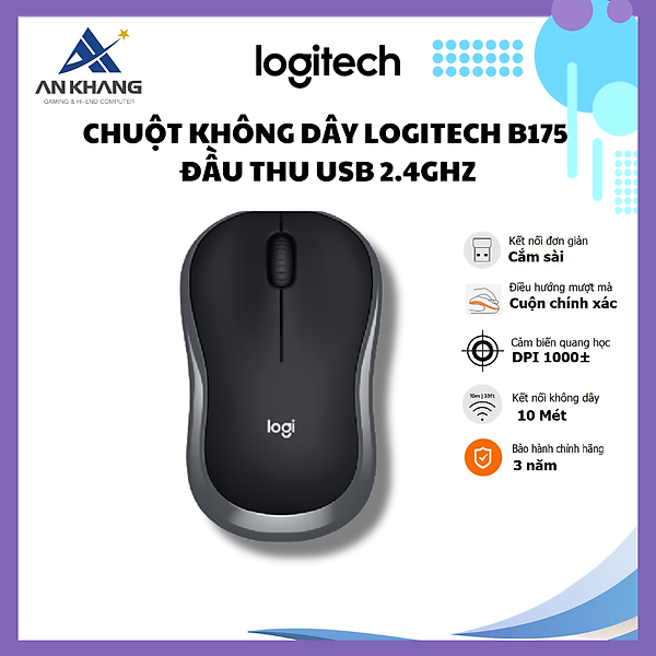 Chuột không dây Logitech B175 - đầu thu USB 2.4Ghz, pin 1 năm, nhỏ gọn, thiết kế thuận cả 2 tay, phù hợp PC/Laptop - Hàng chính hãng