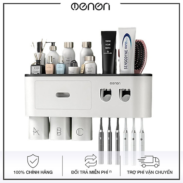 Bộ liền 2 nhả kem đánh răng tự động, Giá treo bàn chải kèm 3 cốc hút từ tính lắp đặt dán tường - OE2KEM
