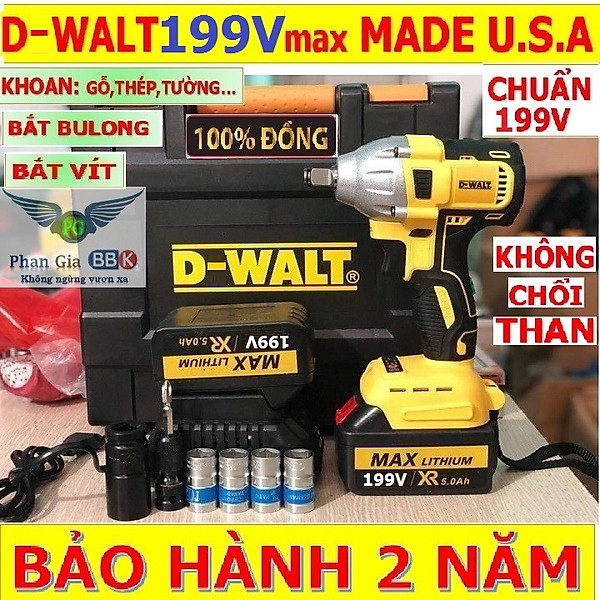 Máy bắn bulong, máy siết bulong 199v, pin 10cell, mẫu 2022 mạnh mẽ và êm hơn, động cơ không chổi than